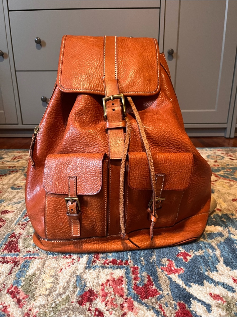 Leather Drawstring Backpack in Cognac Brown